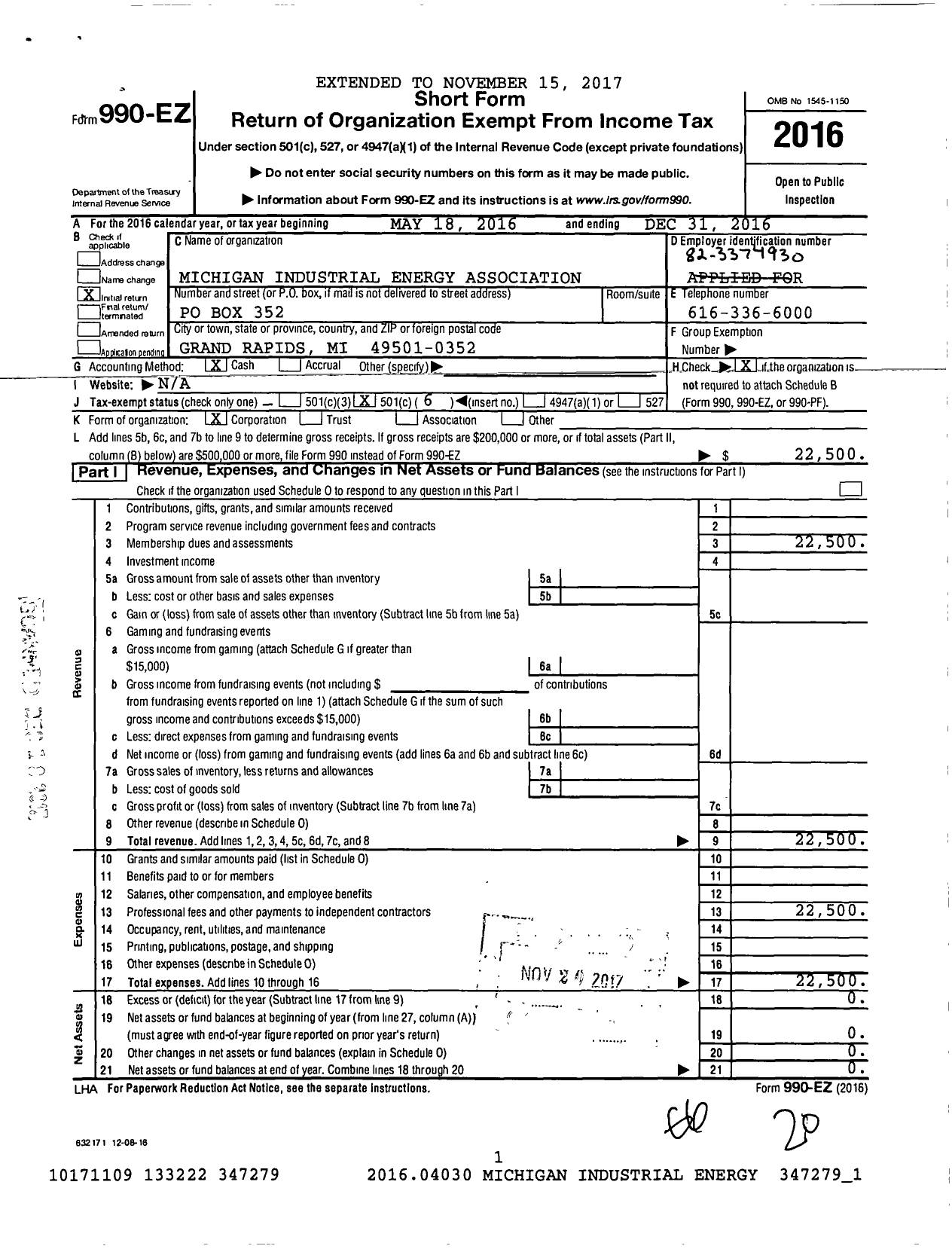 Image of first page of 2016 Form 990EO for Michigan Industrial Energy Association