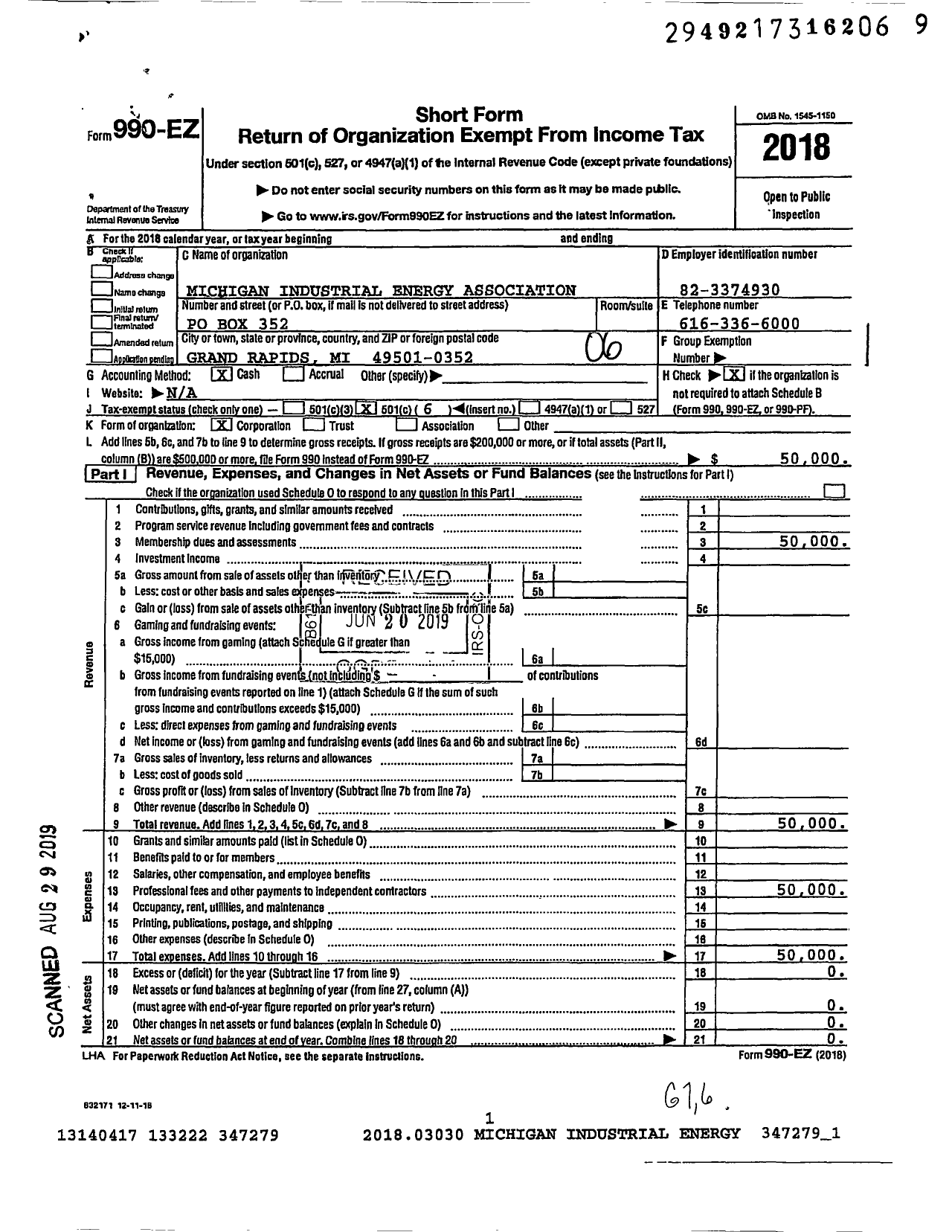 Image of first page of 2018 Form 990EO for Michigan Industrial Energy Association