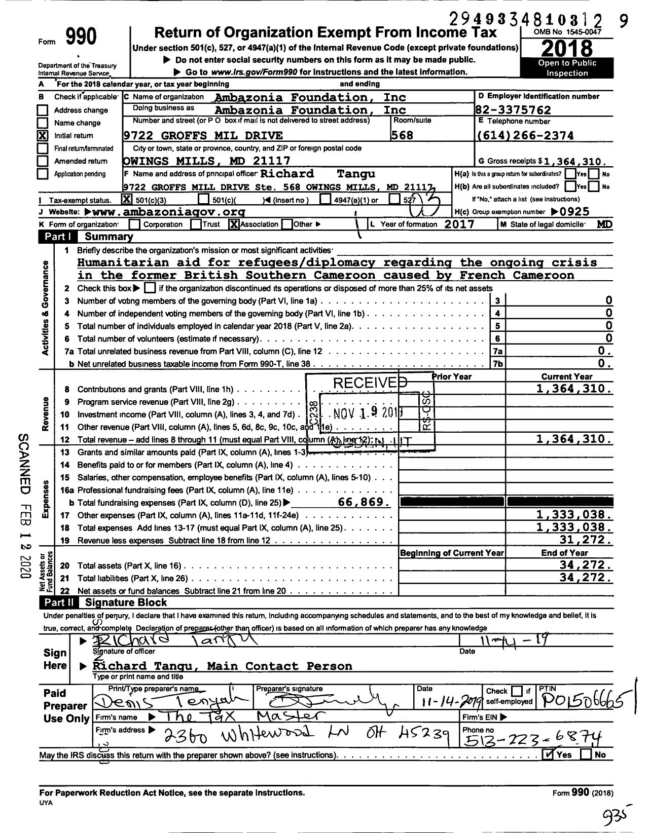 Image of first page of 2018 Form 990 for Ambazonia Foundation