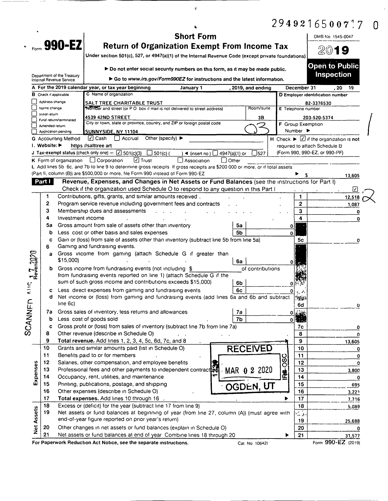 Image of first page of 2019 Form 990EZ for Salt Tree Charitable Trust