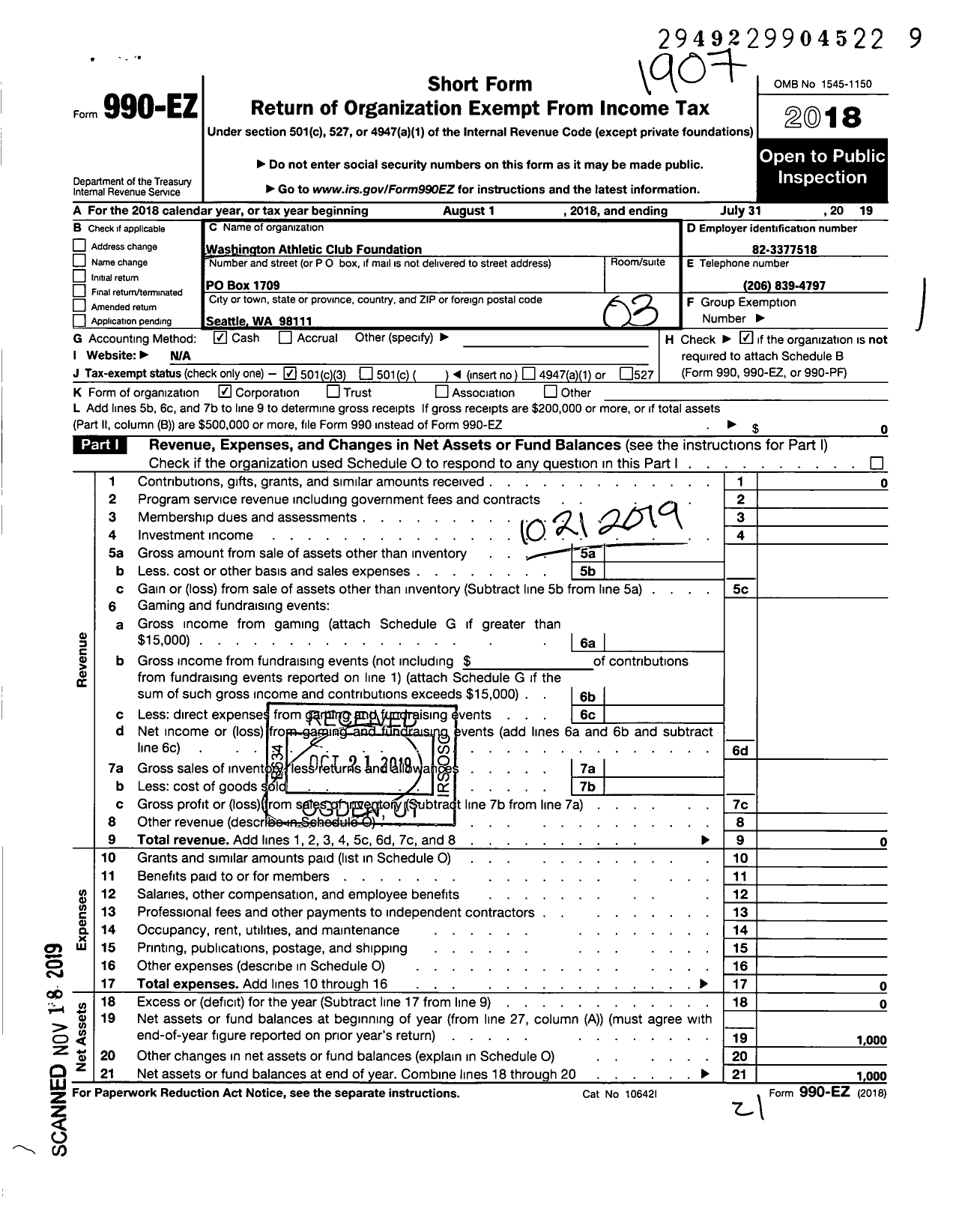 Image of first page of 2018 Form 990EZ for Washington Athletic Club Foundation