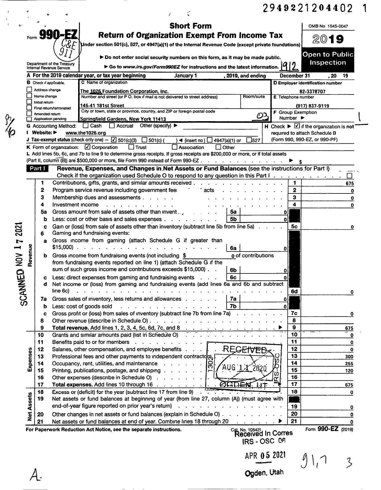 Image of first page of 2019 Form 990EZ for The 1026 Foundation Corporation