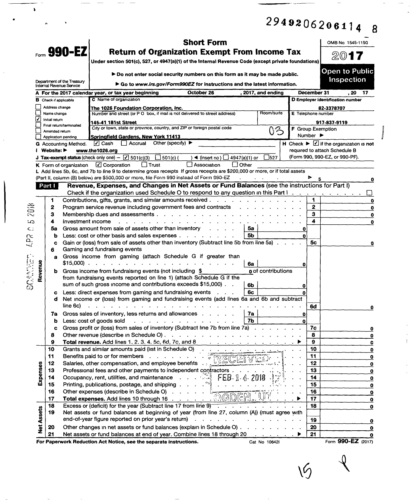 Image of first page of 2017 Form 990EZ for The 1026 Foundation Corporation