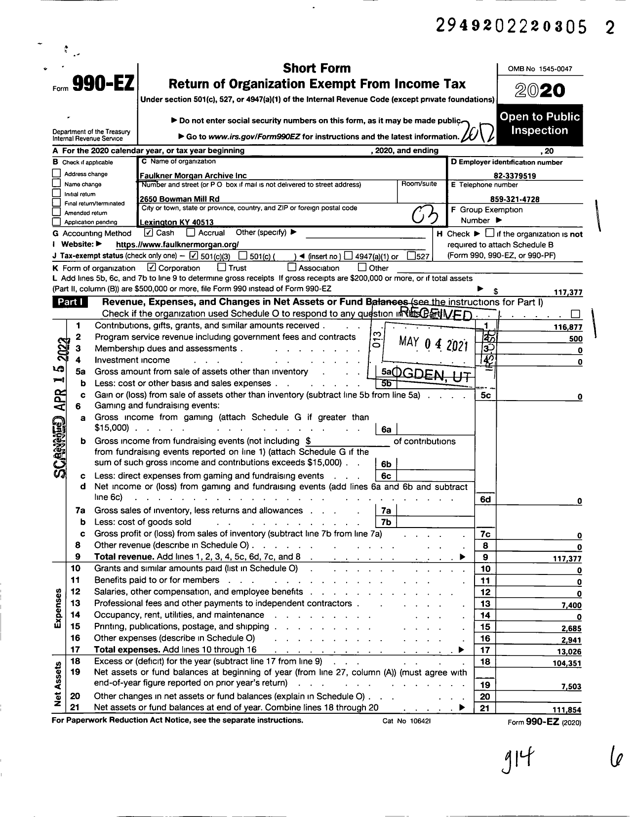 Image of first page of 2020 Form 990EZ for Faulkner Morgan Archive