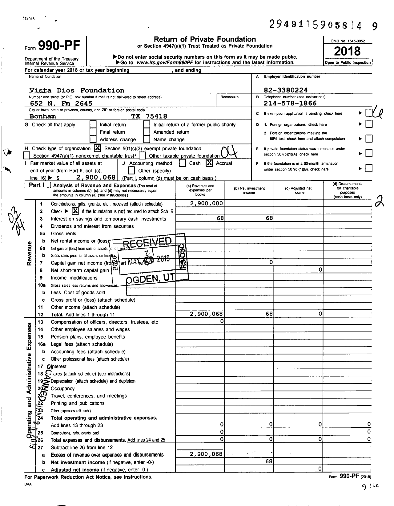 Image of first page of 2018 Form 990PF for Vista Dios Foundation