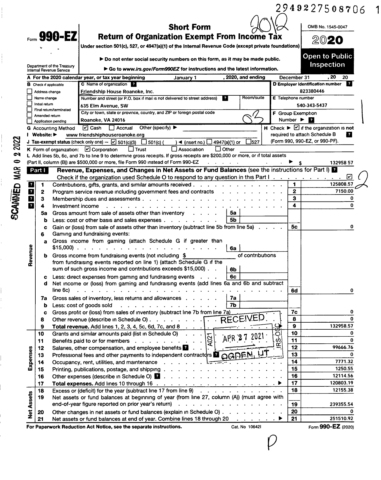 Image of first page of 2020 Form 990EZ for Friendship House Roanoke