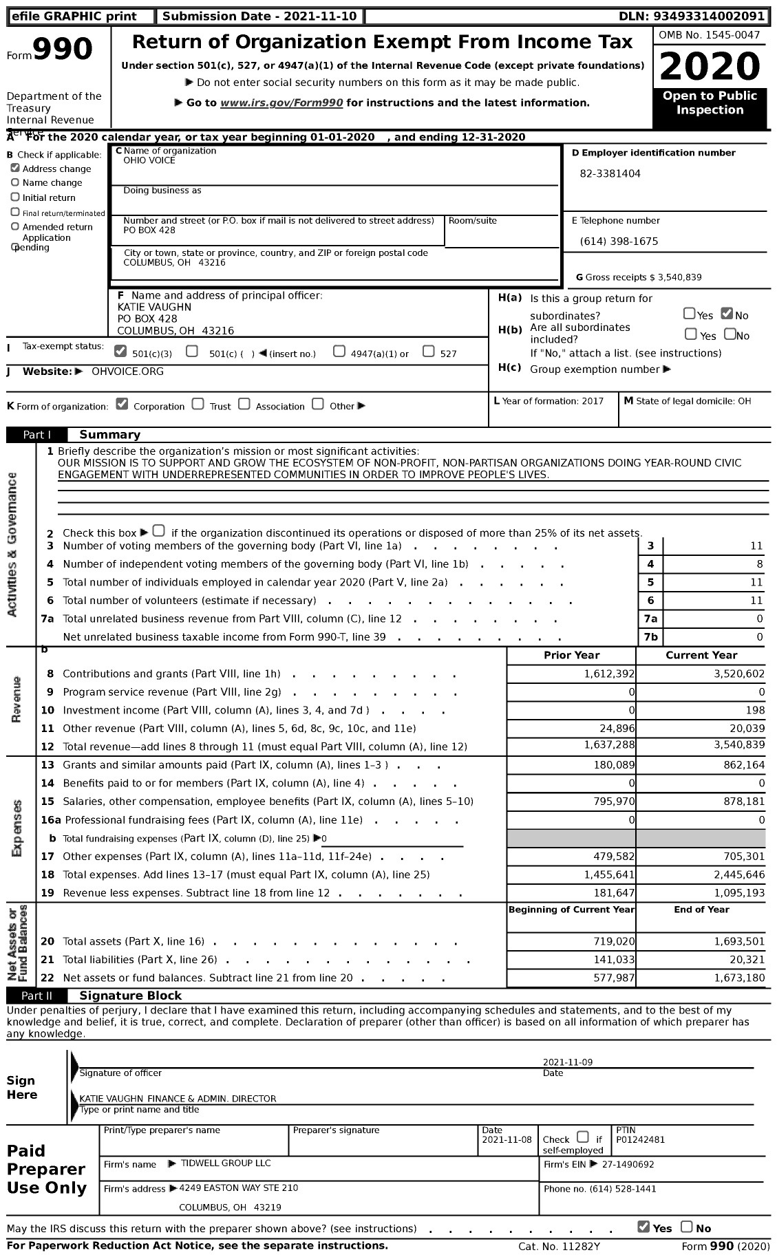 Image of first page of 2020 Form 990 for Ohio Voice