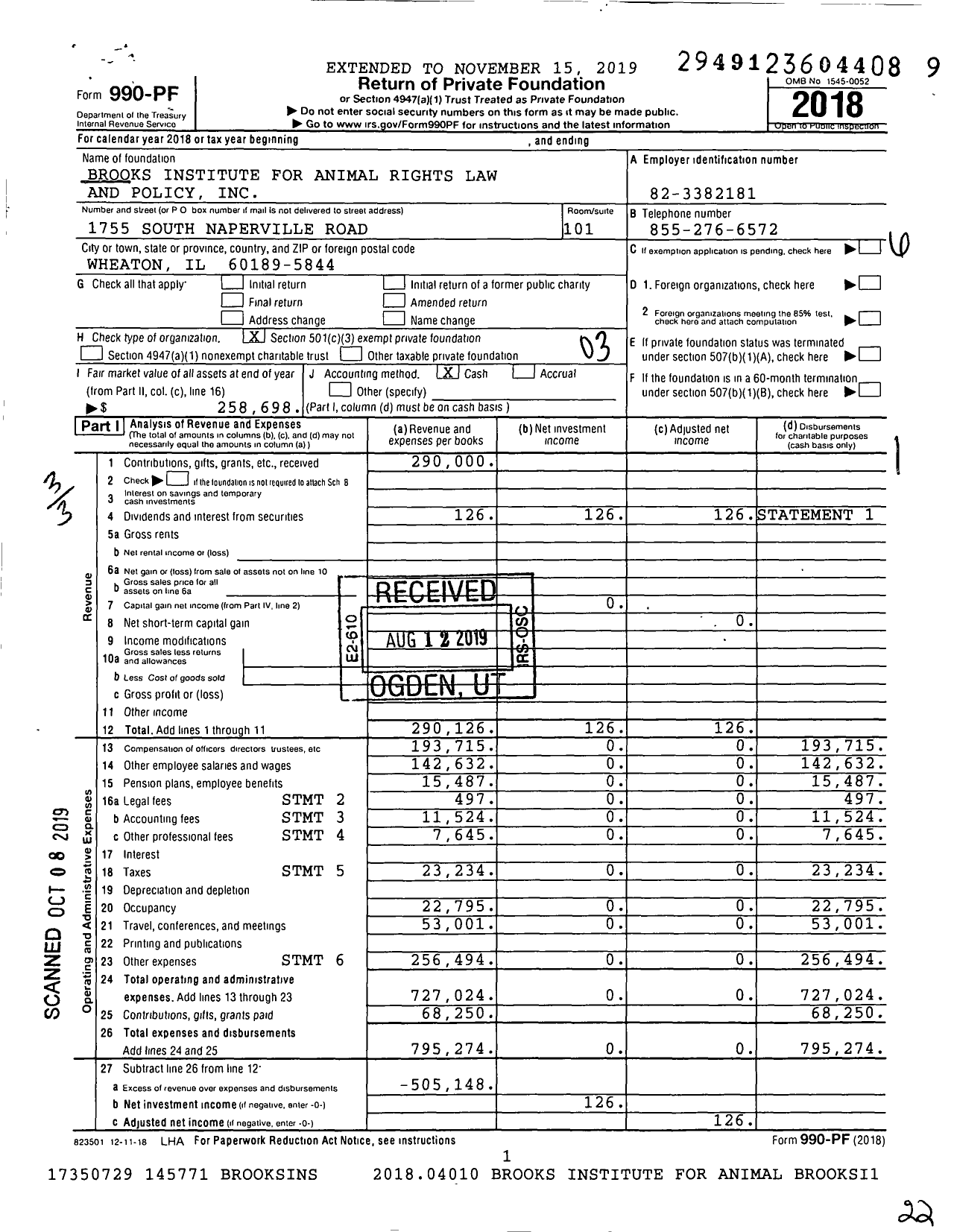 Image of first page of 2018 Form 990PF for Brooks Institute for Animal Rights Law and Policy