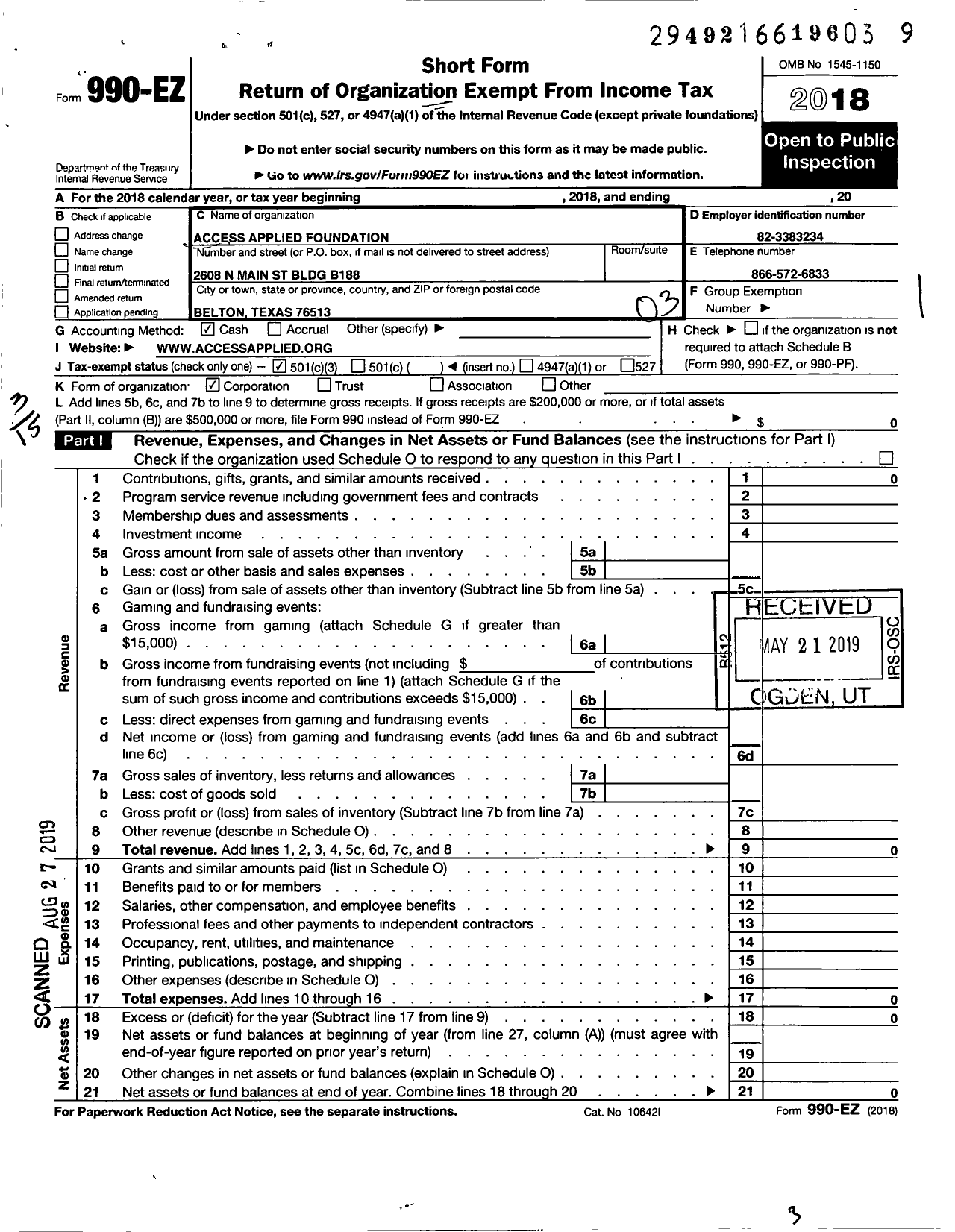 Image of first page of 2018 Form 990EZ for Access Applied Foundation