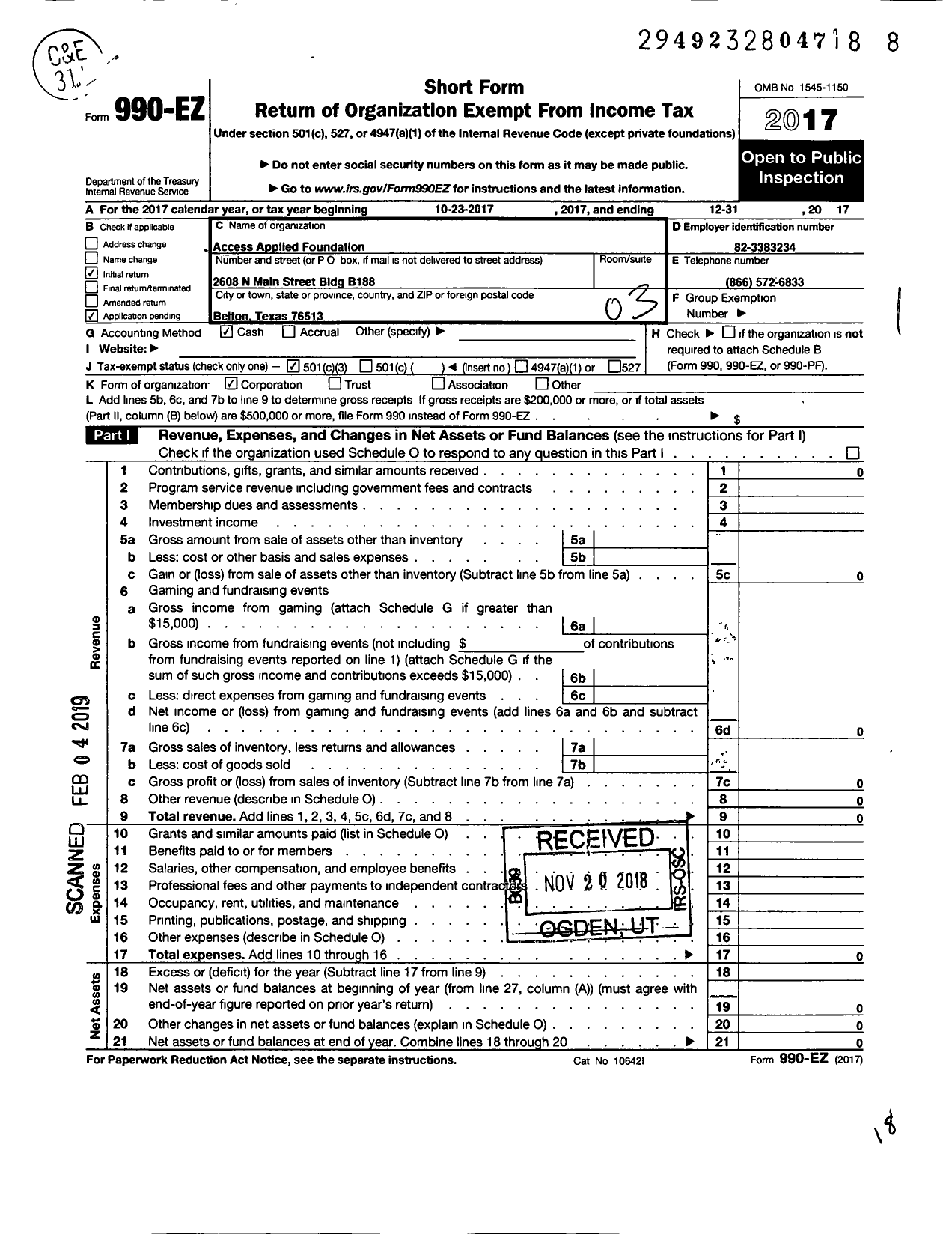 Image of first page of 2017 Form 990EZ for Access Applied Foundation