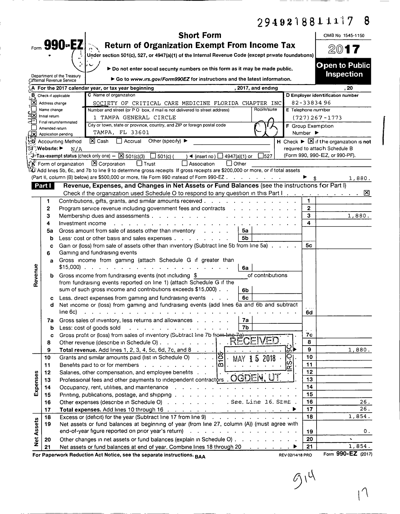 Image of first page of 2017 Form 990EZ for Society of Critical Care Medicine Florida Chapter