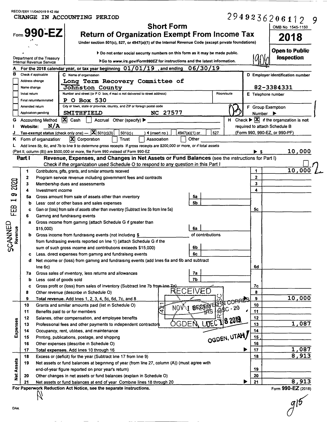 Image of first page of 2018 Form 990EZ for Long Term Recovery Committee of Johnston County