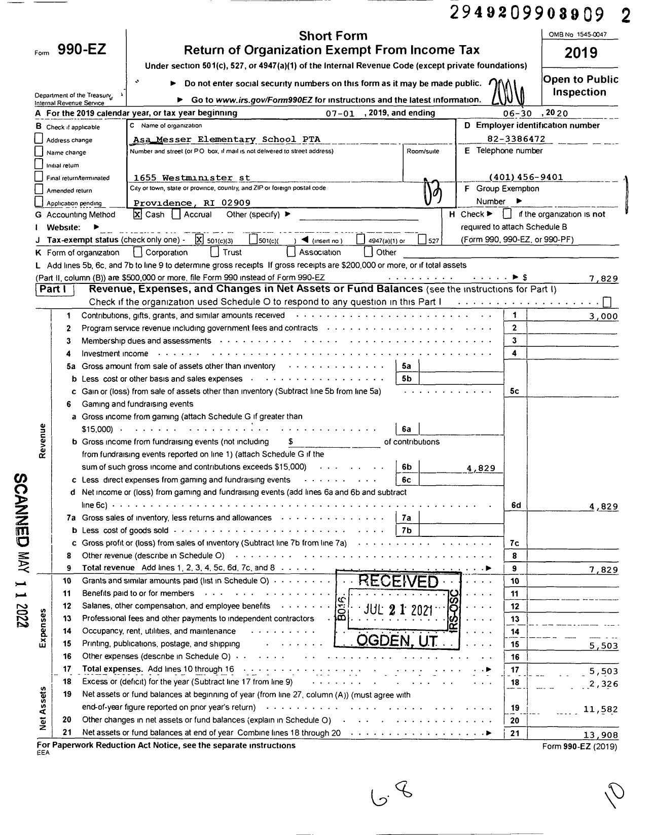 Image of first page of 2019 Form 990EZ for PTA Rhode Island Congress of Parents and Teachers / Asa Messer PTA