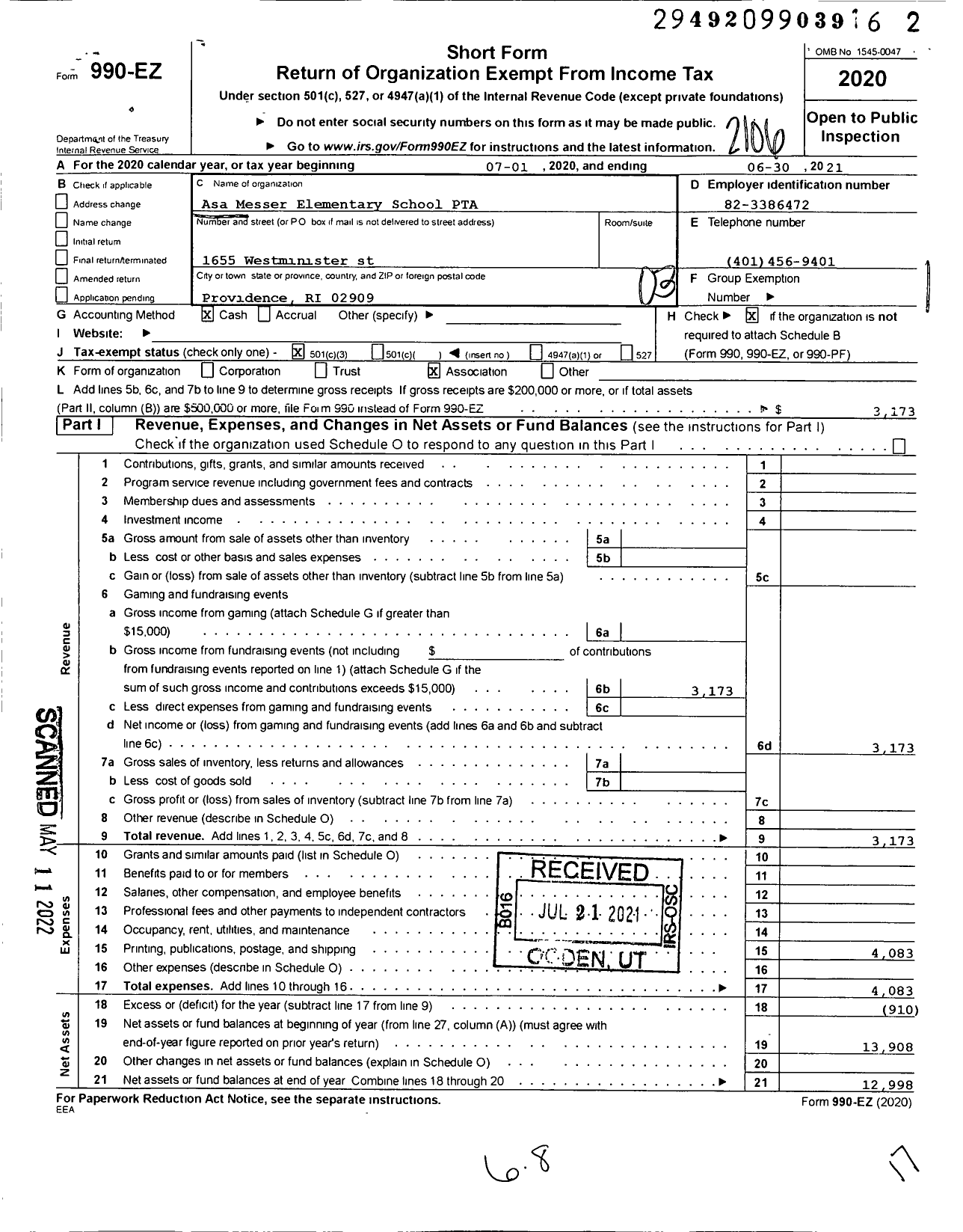 Image of first page of 2020 Form 990EZ for PTA Rhode Island Congress of Parents and Teachers / Asa Messer PTA