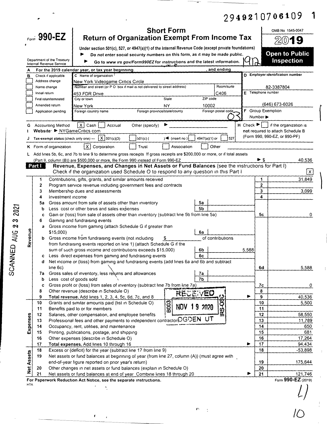 Image of first page of 2019 Form 990EZ for New York Videogame Critics Circle