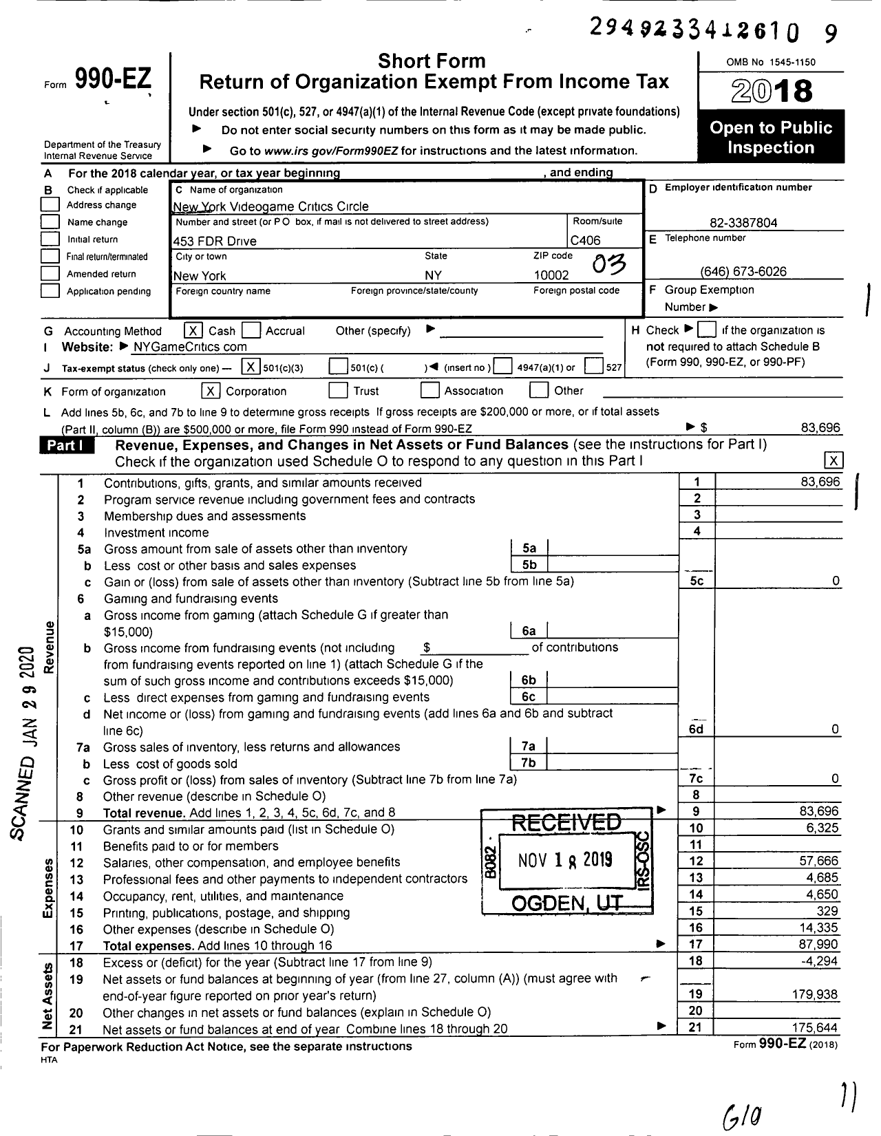 Image of first page of 2018 Form 990EZ for New York Videogame Critics Circle