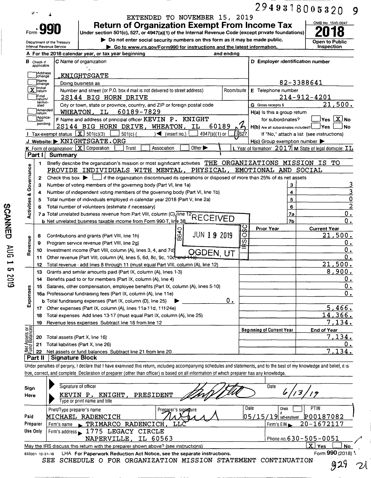 Image of first page of 2018 Form 990 for Knightsgate