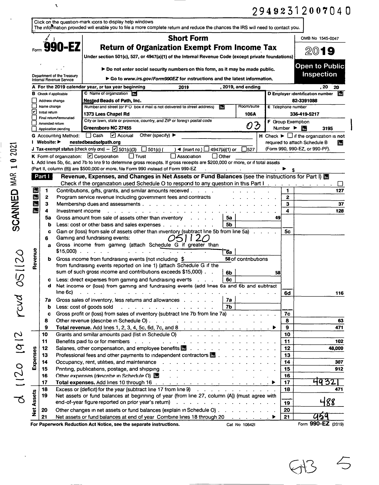 Image of first page of 2019 Form 990EZ for Nested Beads of Path