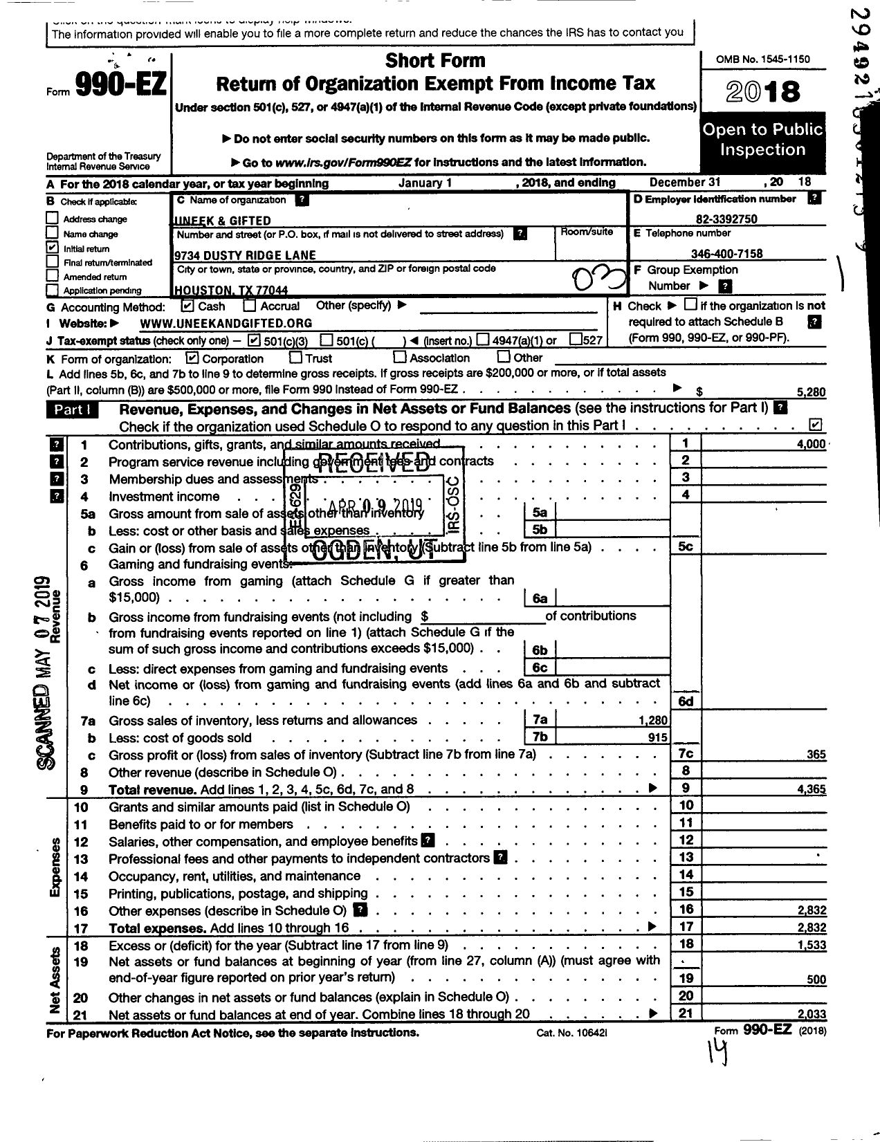 Image of first page of 2018 Form 990EZ for Uneek and Gifted