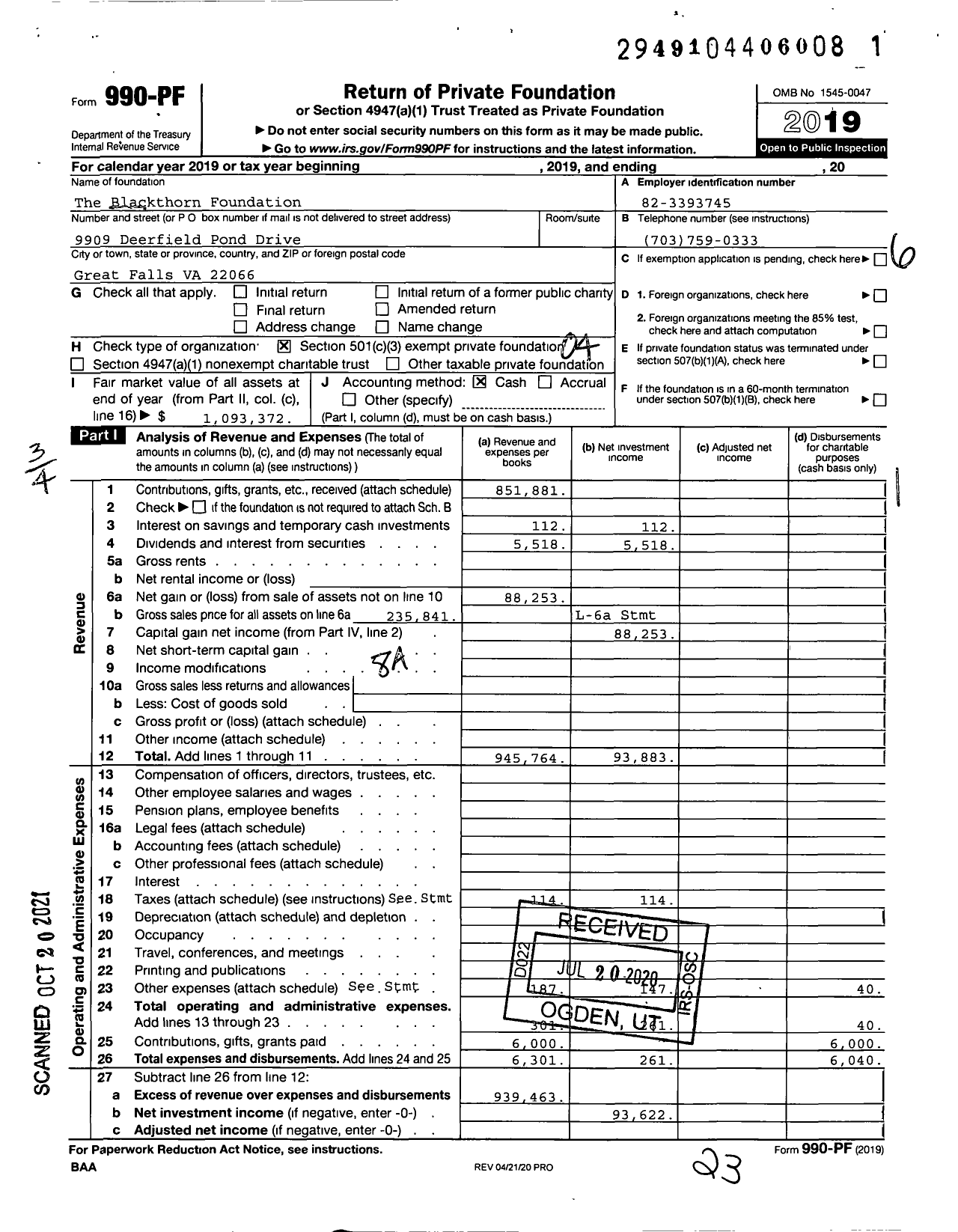 Image of first page of 2019 Form 990PF for The Blackthorn Foundation