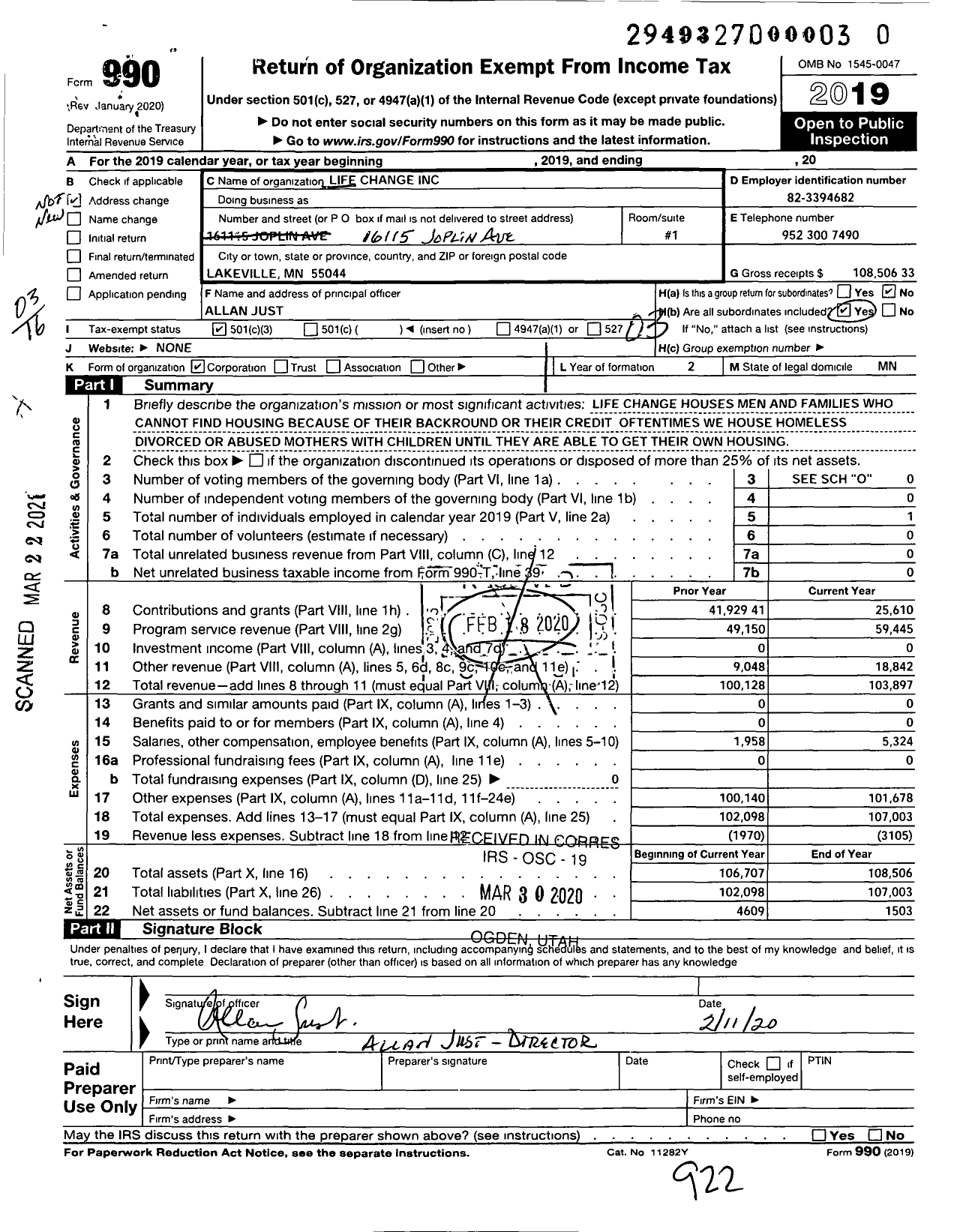 Image of first page of 2019 Form 990 for Life Change