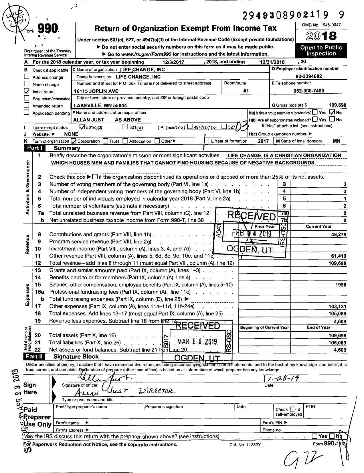 Image of first page of 2018 Form 990 for Life Change