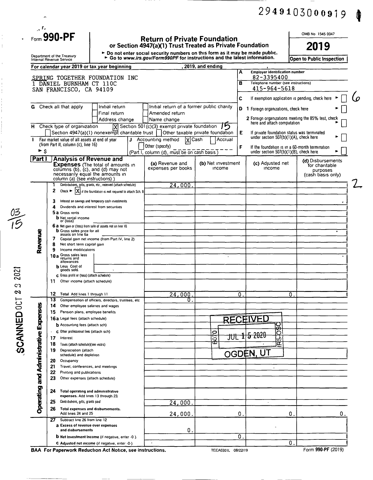 Image of first page of 2019 Form 990PF for Spring Together Foundation