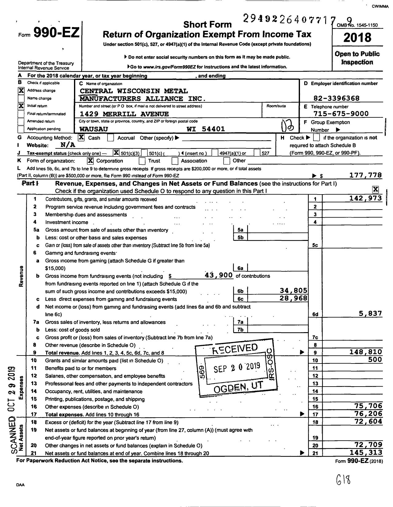 Image of first page of 2018 Form 990EZ for Central Wisconsin Manufacturing Alliance