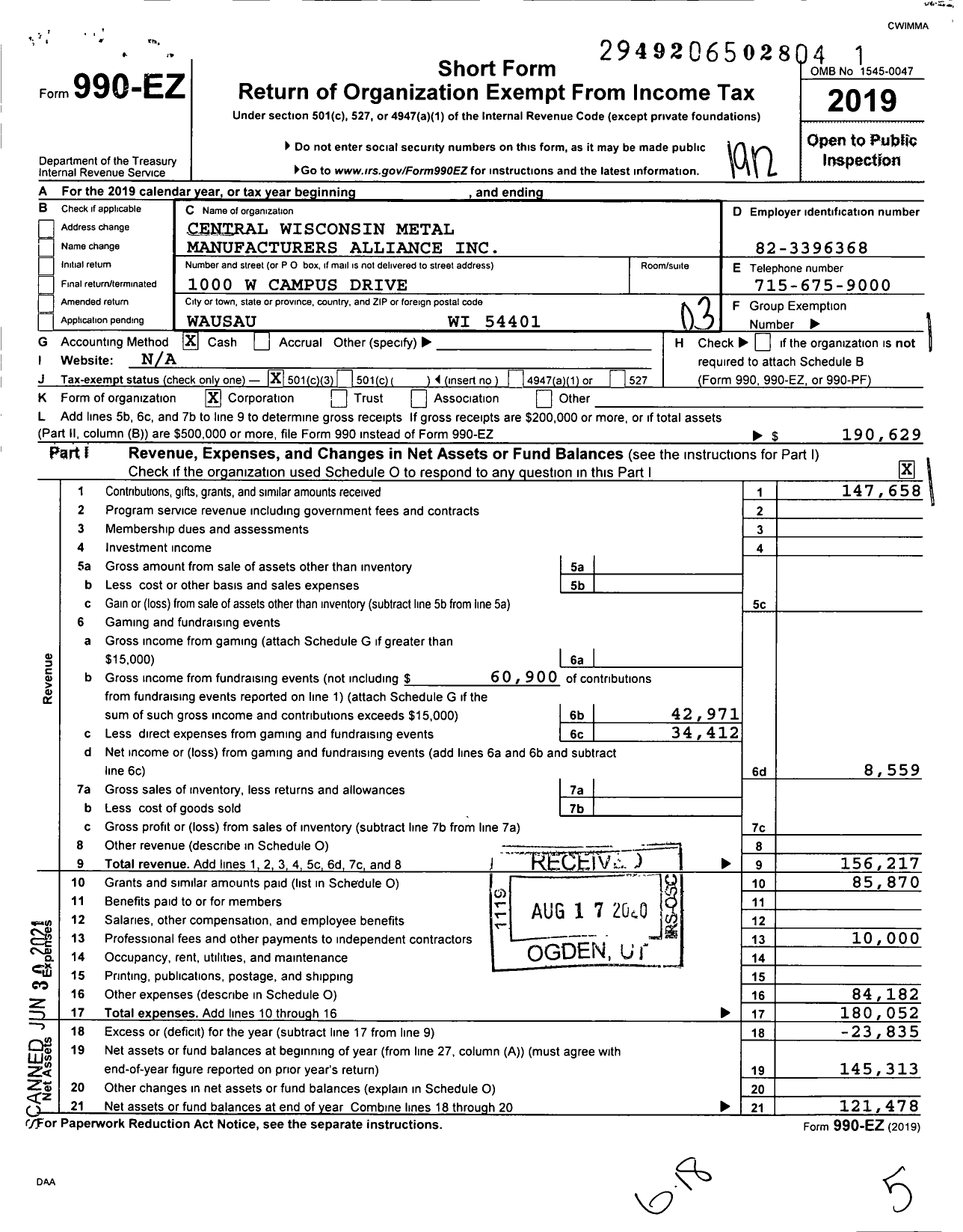 Image of first page of 2019 Form 990EZ for Central Wisconsin Manufacturing Alliance