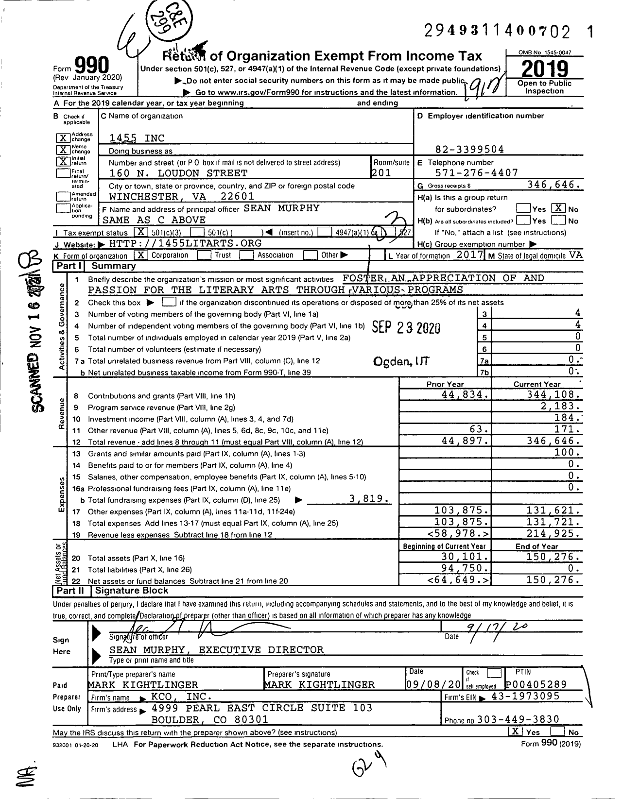 Image of first page of 2019 Form 990 for 1455 Inc