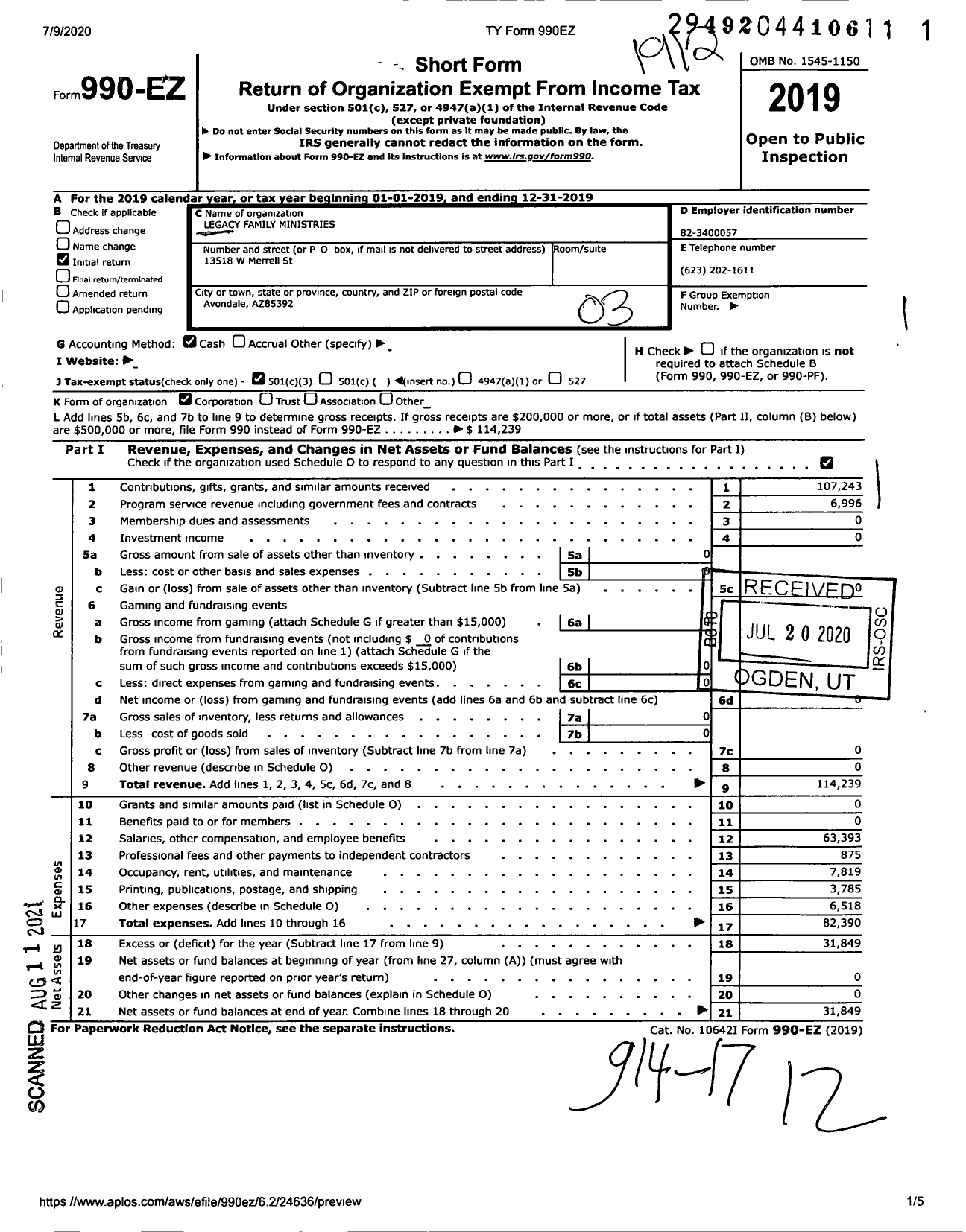 Image of first page of 2019 Form 990EZ for Legacy Famly Ministries