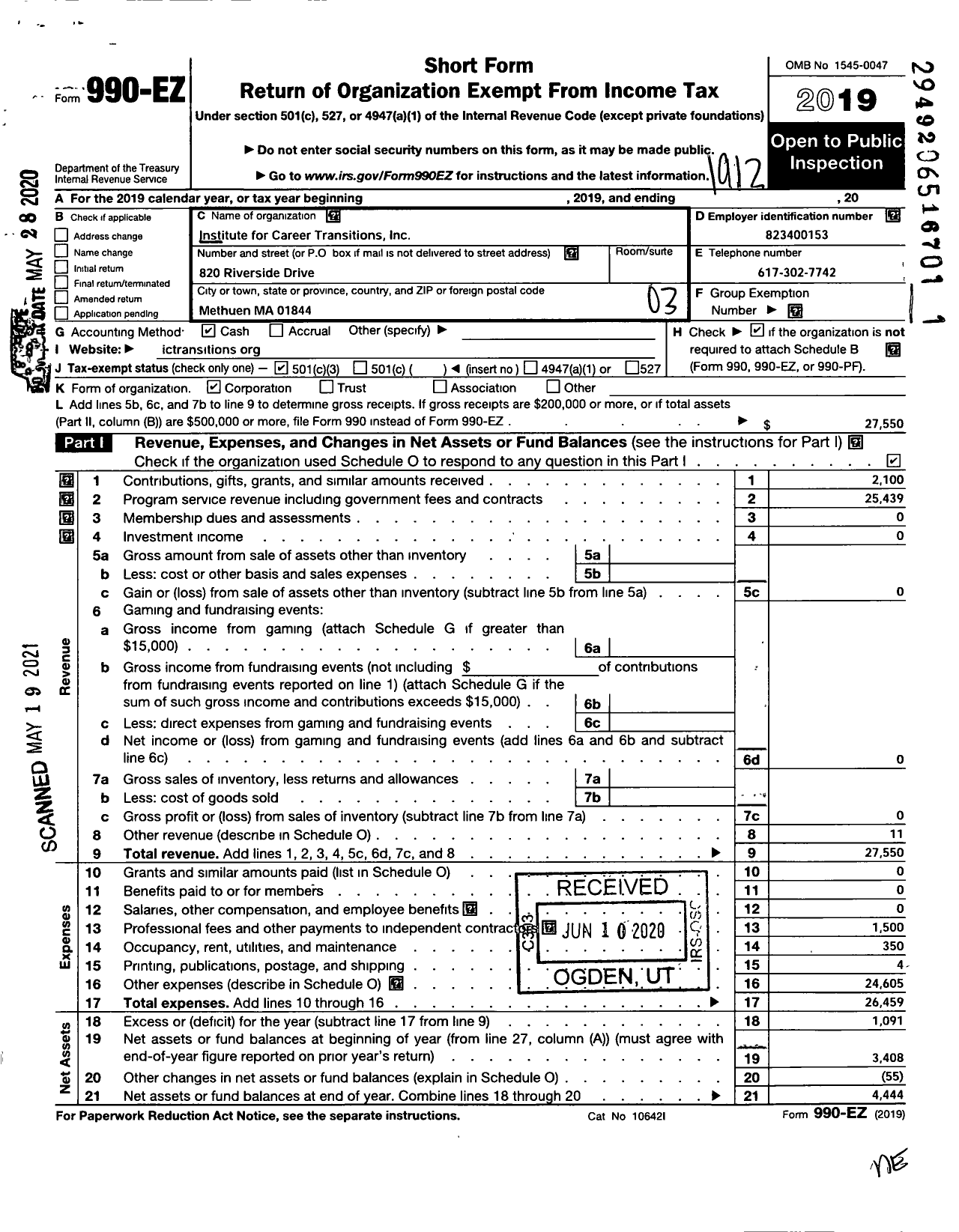 Image of first page of 2019 Form 990EZ for Institute for Career Transitions