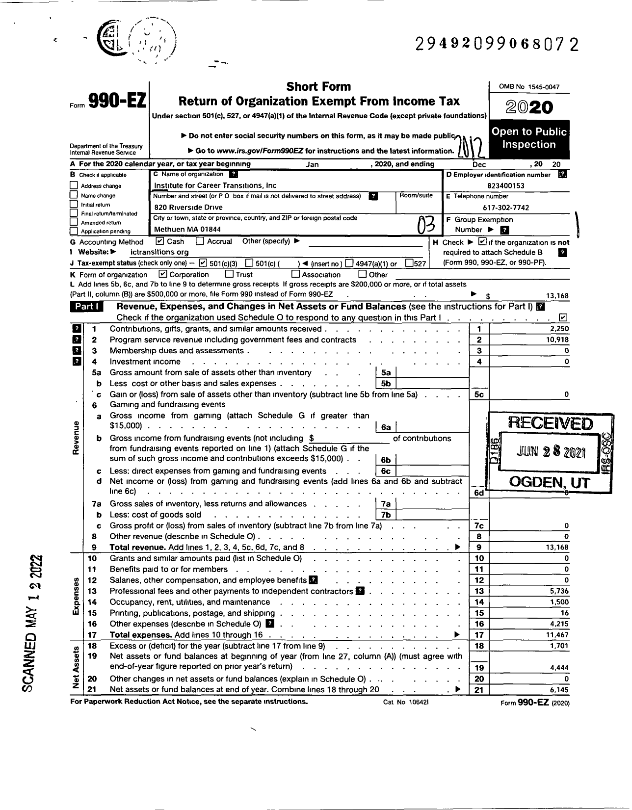 Image of first page of 2020 Form 990EZ for Institute for Career Transitions