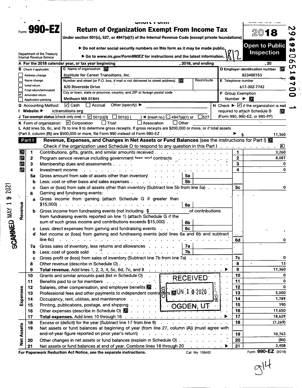 Image of first page of 2018 Form 990EZ for Institute for Career Transitions