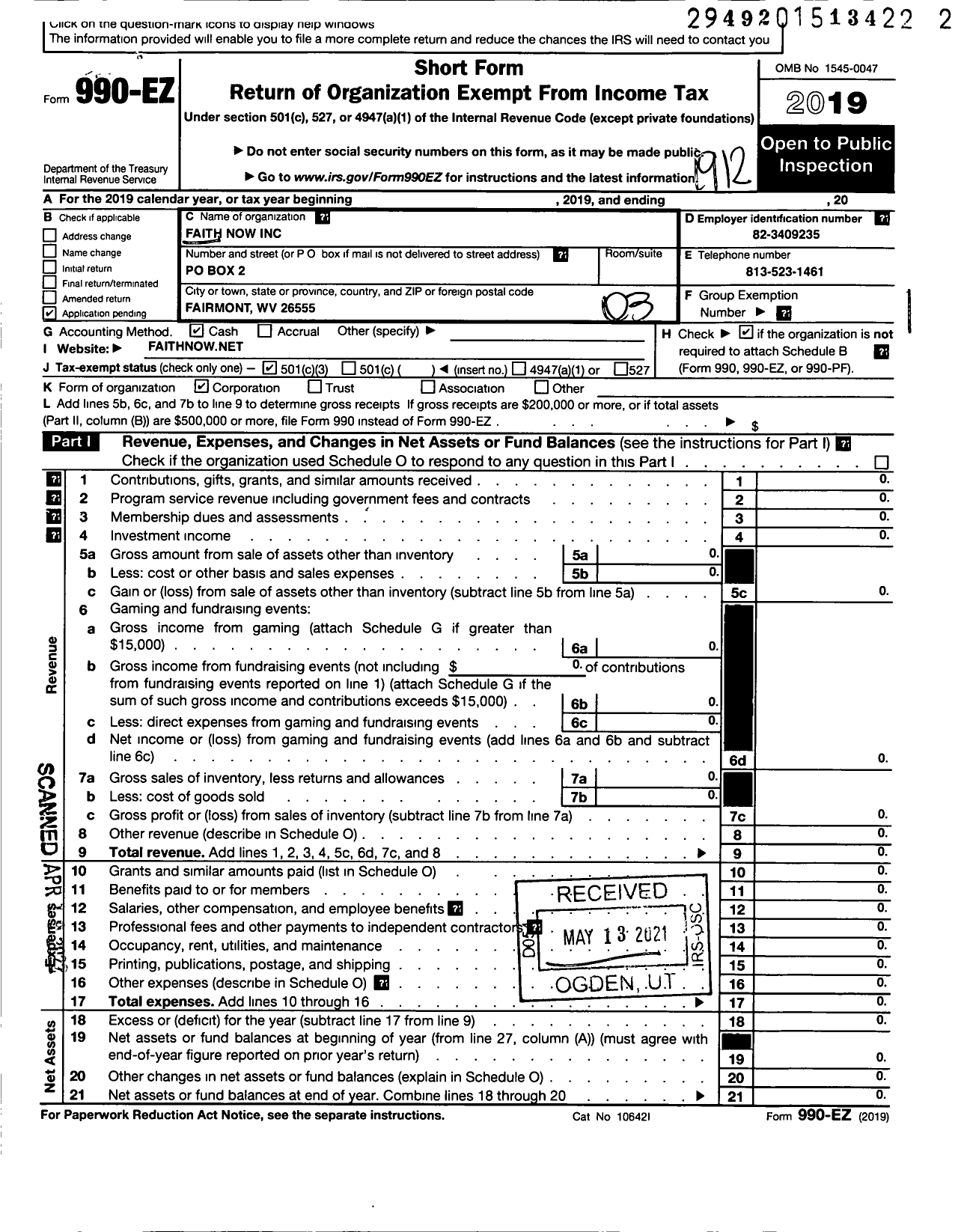 Image of first page of 2019 Form 990EZ for Faith Now