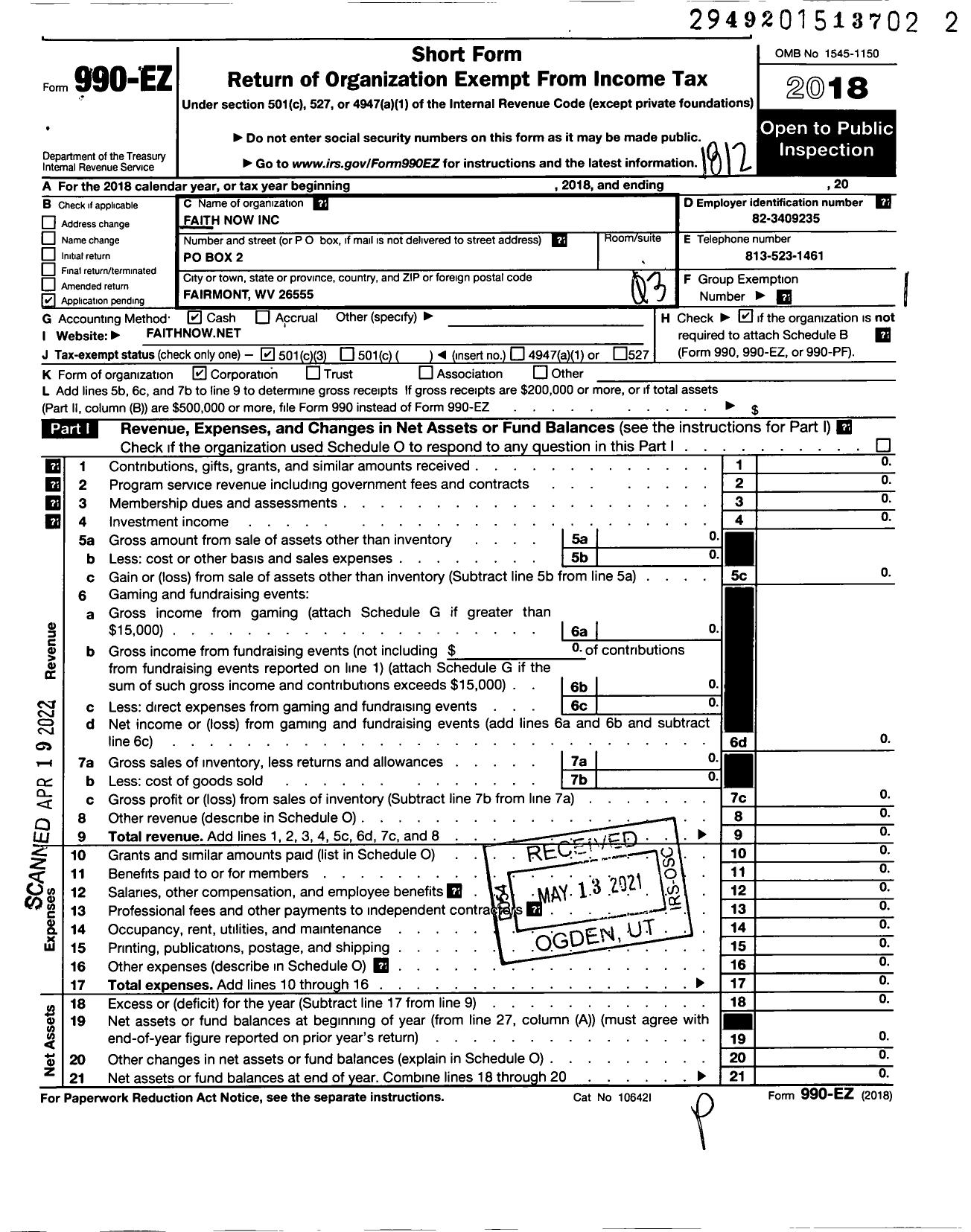 Image of first page of 2018 Form 990EZ for Faith Now