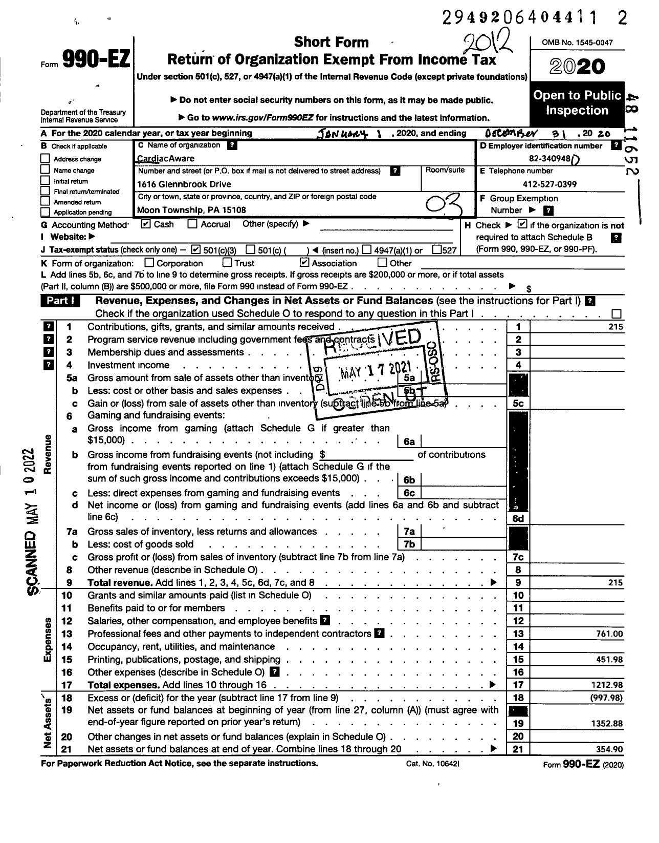 Image of first page of 2020 Form 990EZ for Cardiacaware