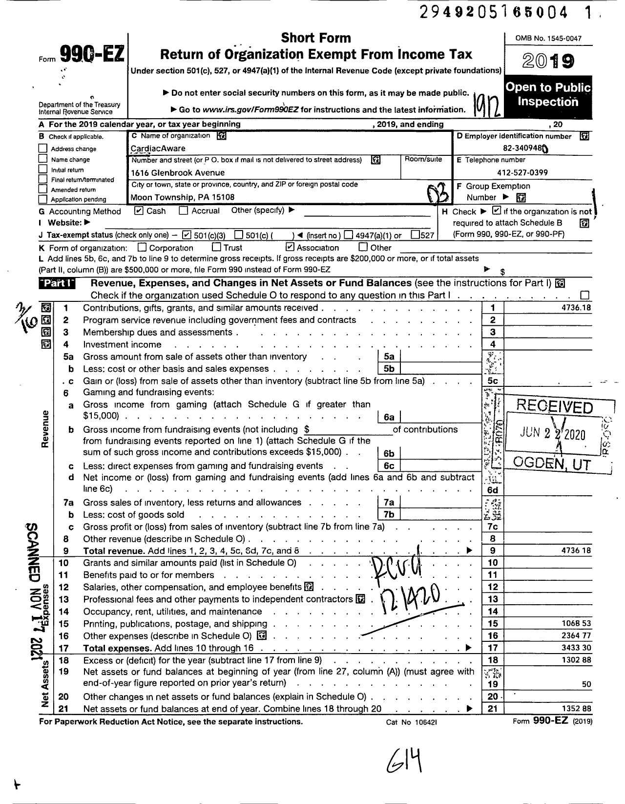 Image of first page of 2019 Form 990EZ for Cardiacaware