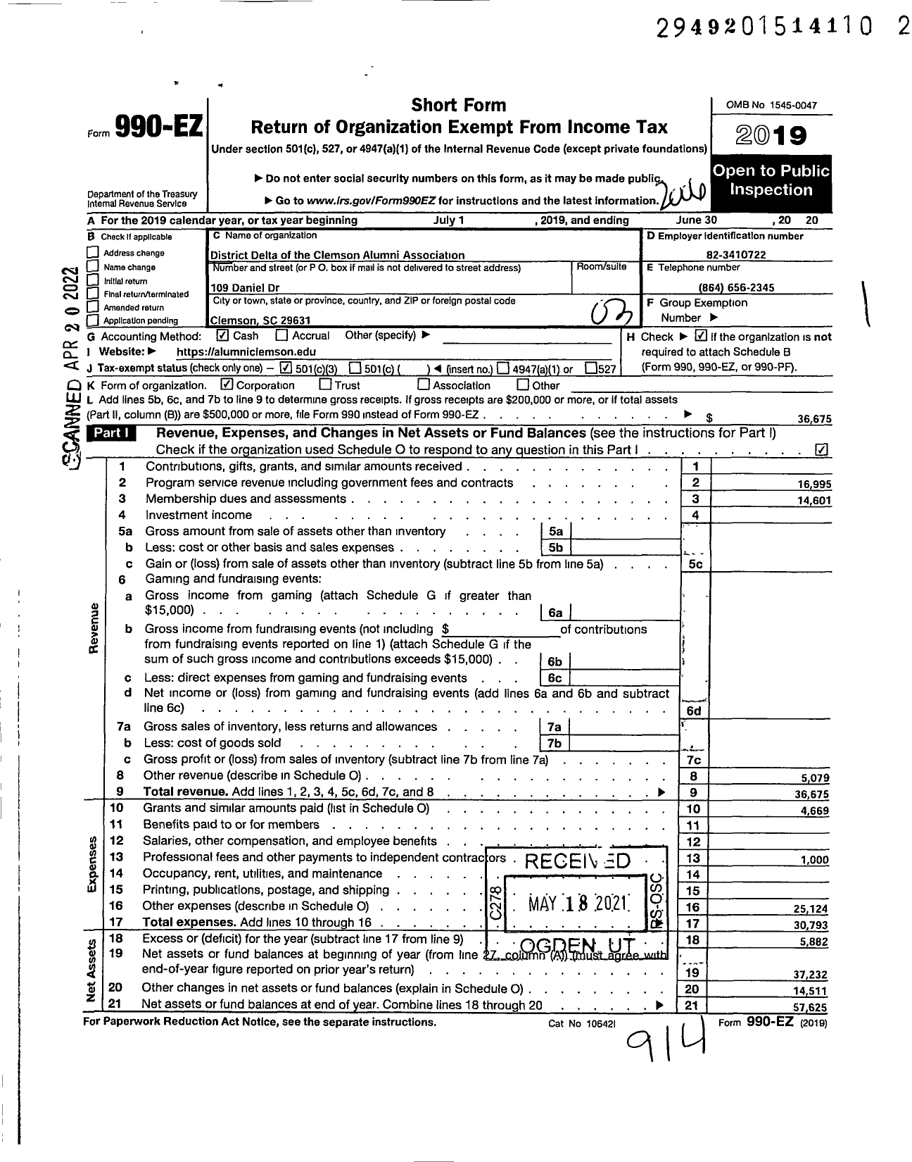 Image of first page of 2019 Form 990EZ for District Delta of the Clemson Alumni Association