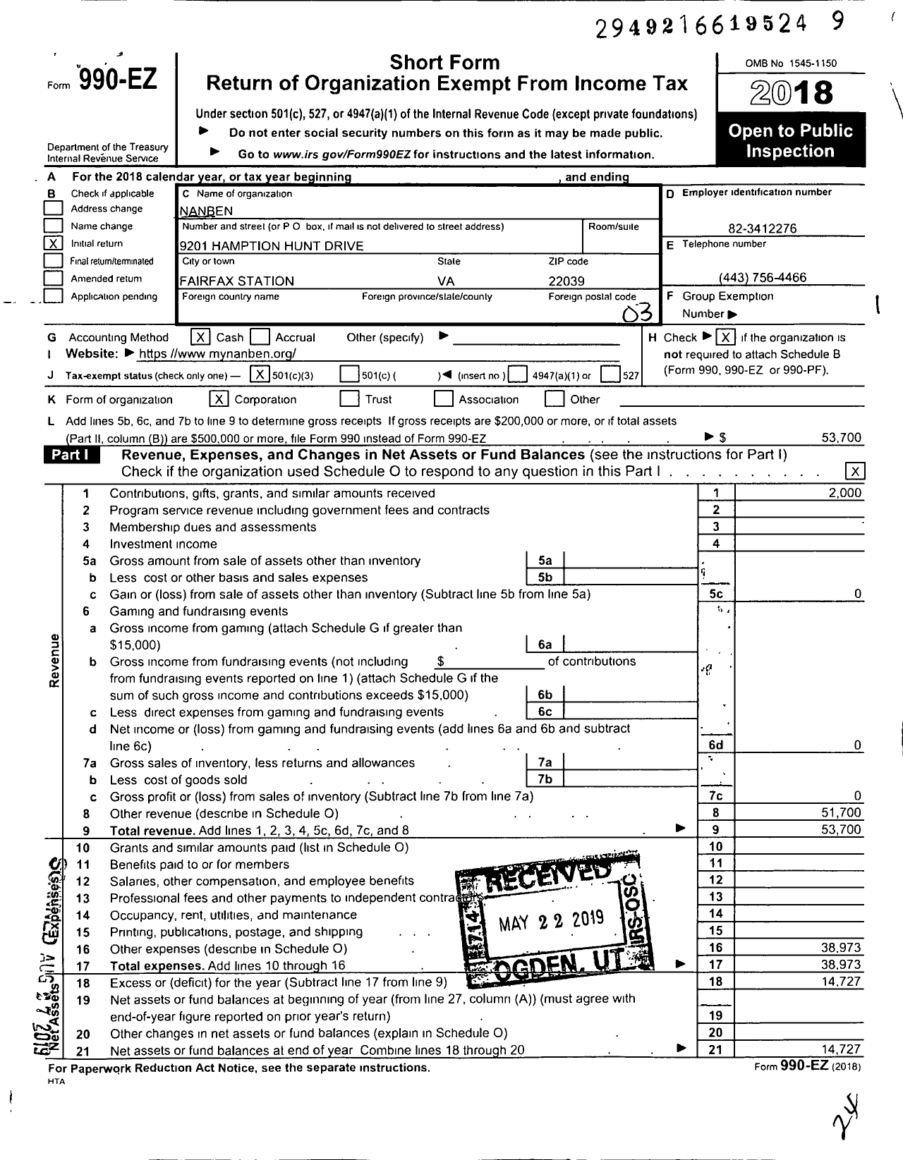 Image of first page of 2018 Form 990EZ for Nanben