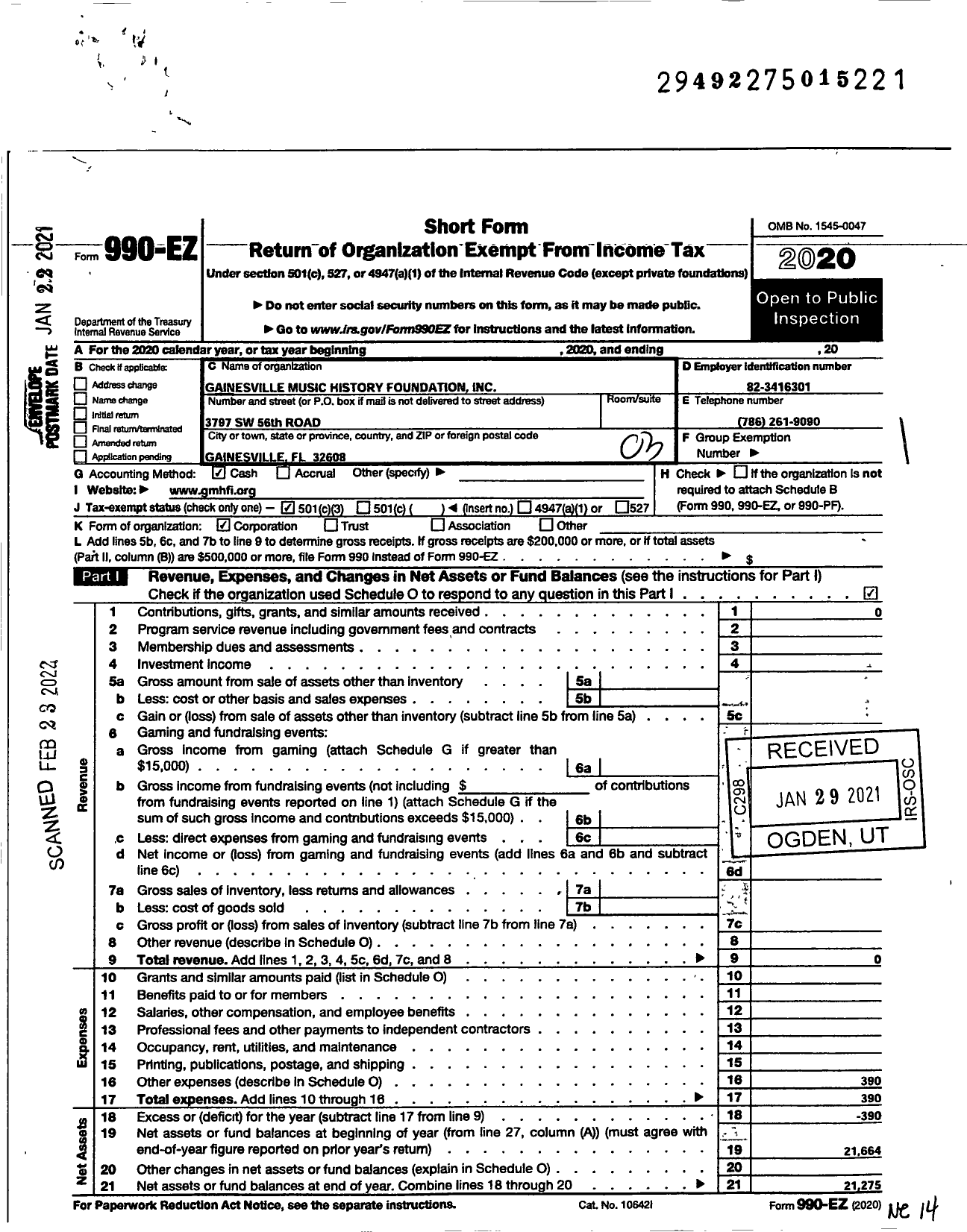 Image of first page of 2020 Form 990EZ for Gainesville Music History Foundation