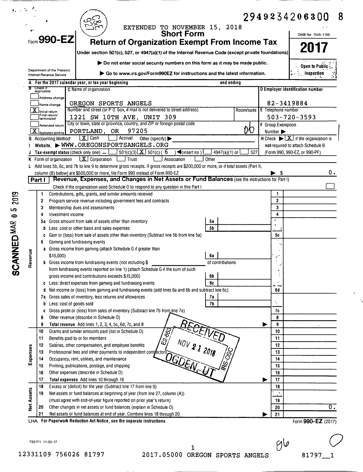 Image of first page of 2017 Form 990EO for Oregon Sports Angels