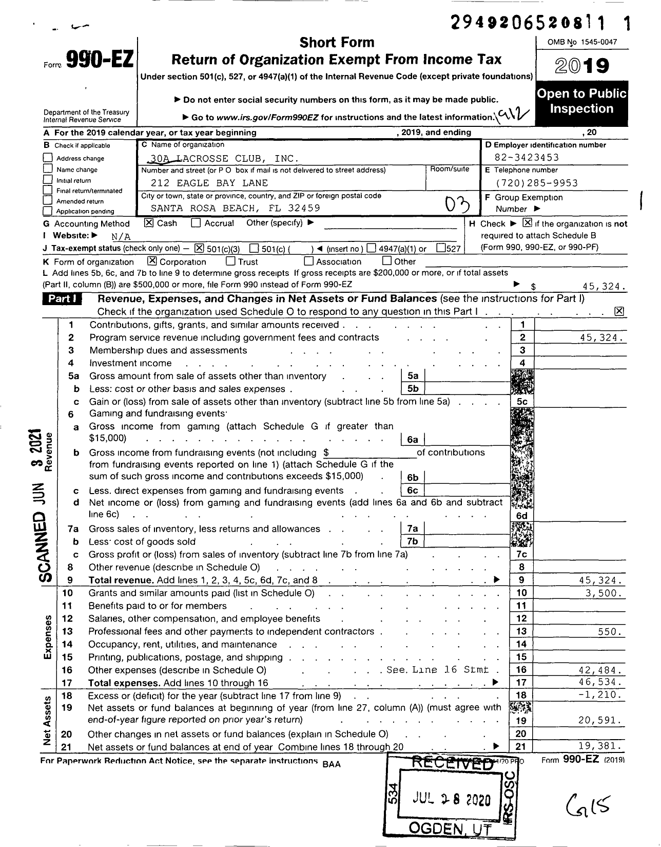 Image of first page of 2019 Form 990EZ for 30a Lacrosse Club