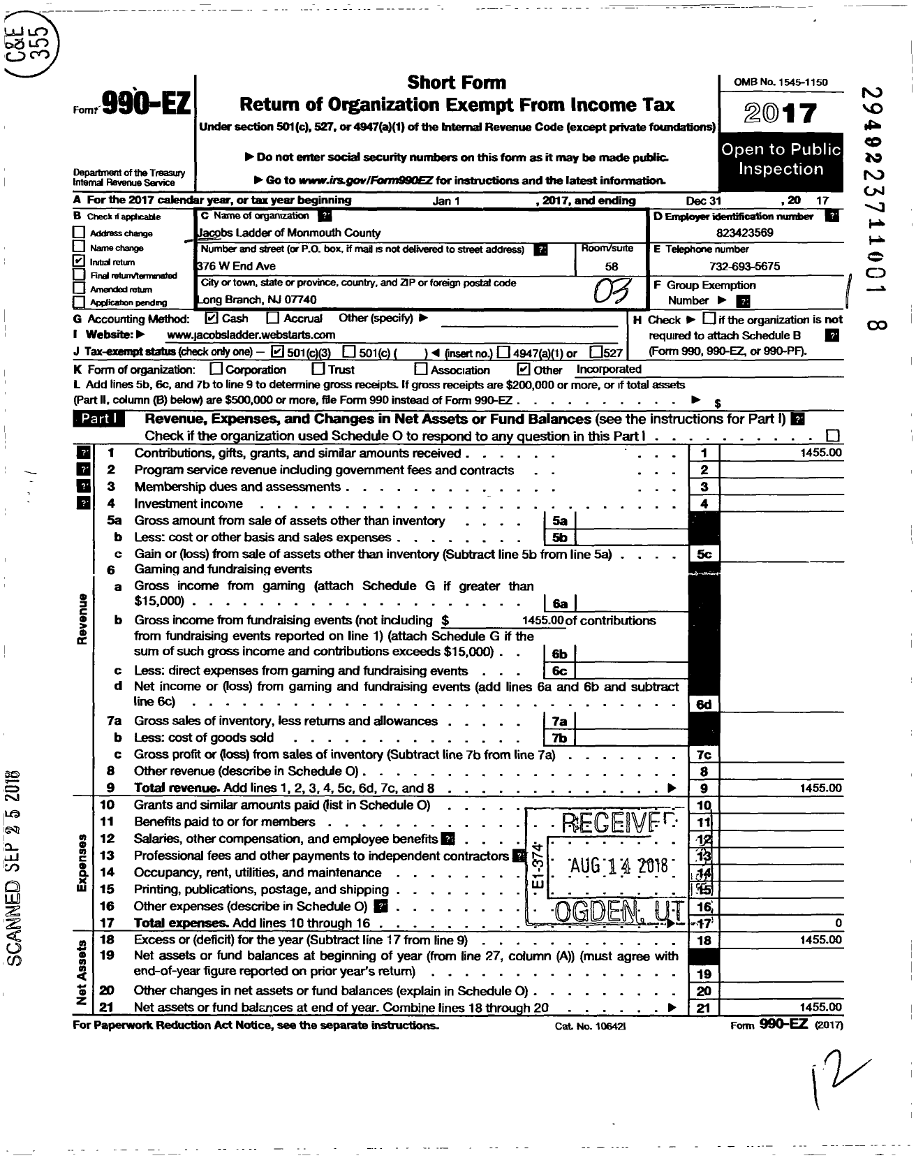 Image of first page of 2017 Form 990EZ for Jacobs Ladder of Monmouth County