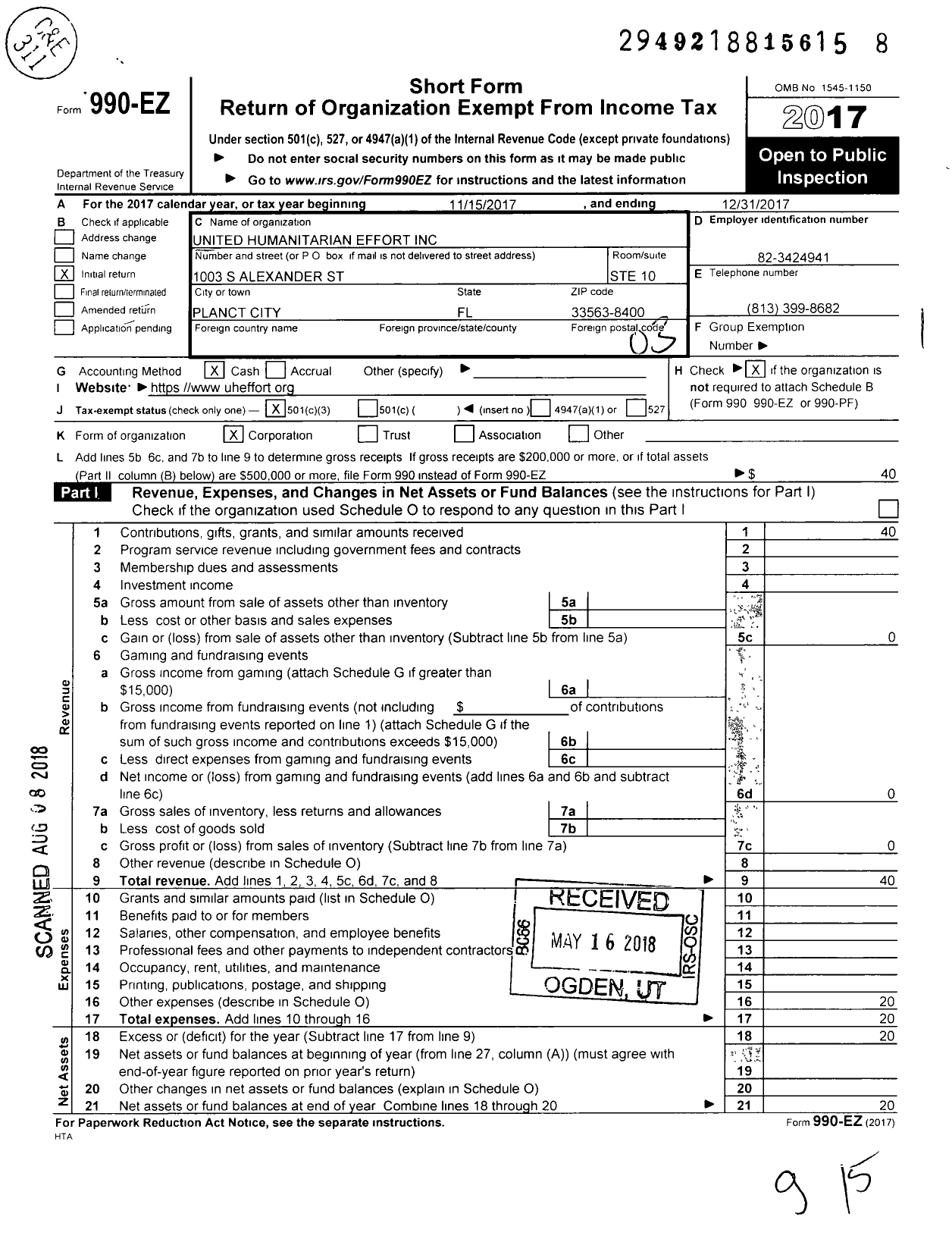 Image of first page of 2017 Form 990EZ for United HUMANITARIAN EFFORT