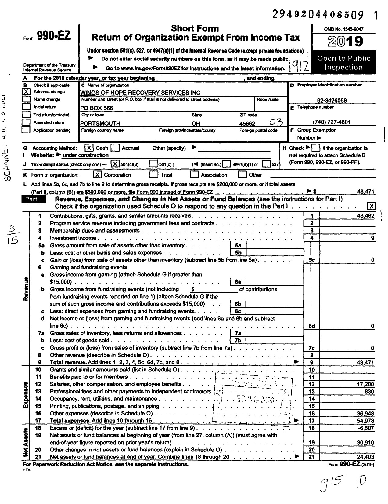 Image of first page of 2019 Form 990EZ for Wings of Hope Recovery Services