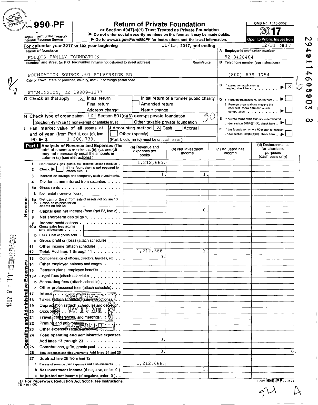 Image of first page of 2017 Form 990PF for Folick Family Foundation