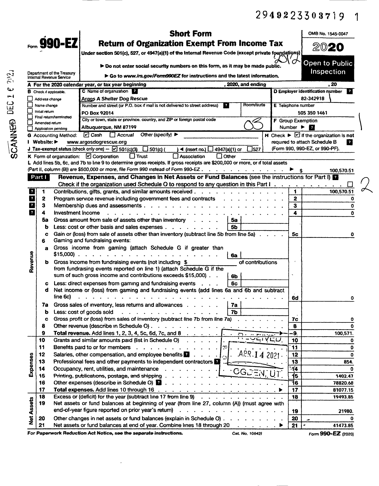 Image of first page of 2020 Form 990EZ for Argos A Shelter Dog Rescue