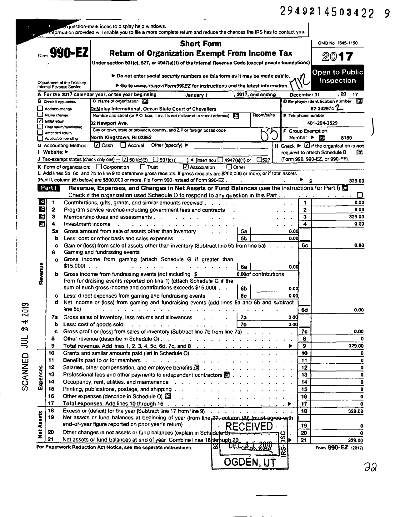 Image of first page of 2017 Form 990EZ for Demolay International - 40602 Ocean State CT of Chevalier