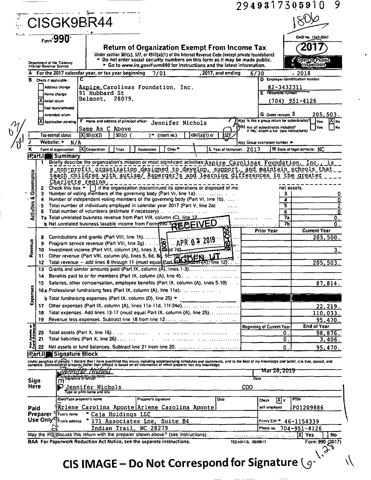 Image of first page of 2017 Form 990 for Aspire Carolinas Foundation